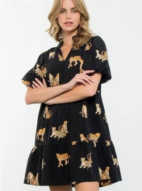SHEIN Black Tiered Mini Dress with Gold Leopard Print